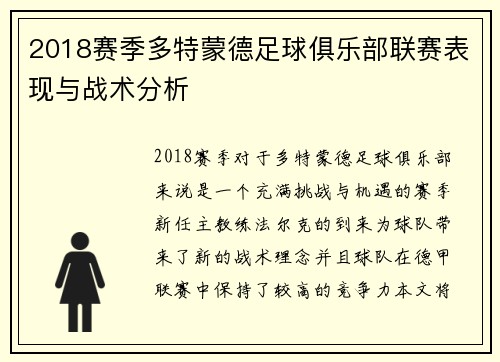 2018赛季多特蒙德足球俱乐部联赛表现与战术分析